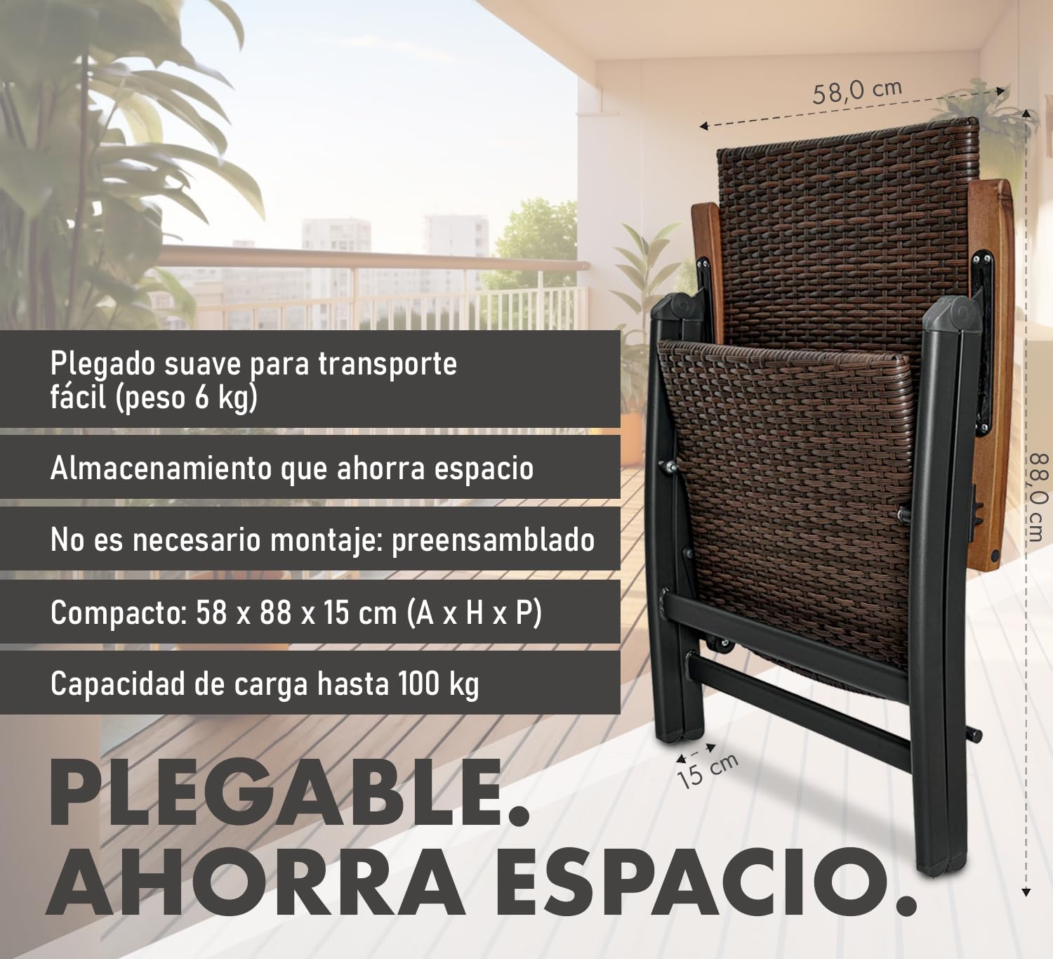 BRUBAKER Modena Silla de Jardín - Respaldo Alto Plegable - Respaldo Regulable en 7 Posiciones - Sillas Plegables Metal - Resistentes a la Intemperie - Gris/Marónn