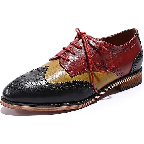 Mona flying Women's Comfortable Multicolored Wingtip Oxfords Brogue Lace-up Leather Shoes for Womens Ladies