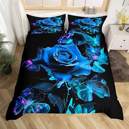 Juego de funda de edredón con diseño de rosas azules, diseño de flores de mariposa degradado de galaxia, para niños, niñas, mujeres, parejas,