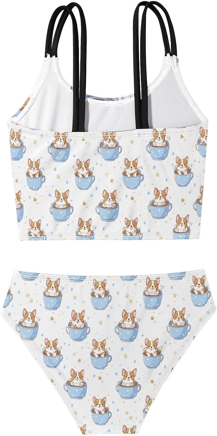 Girls Two Piece Swimsuits Cartoon Corgi Star Bikini Set Swimwear Kids Bathing Suit for Girls 5-12 Years