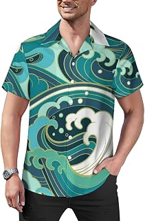 Japanese Cartoon Sea Waves Mens Shirts Hawaiian Short Sleeved Cuban Collar Graphic Tees Tops