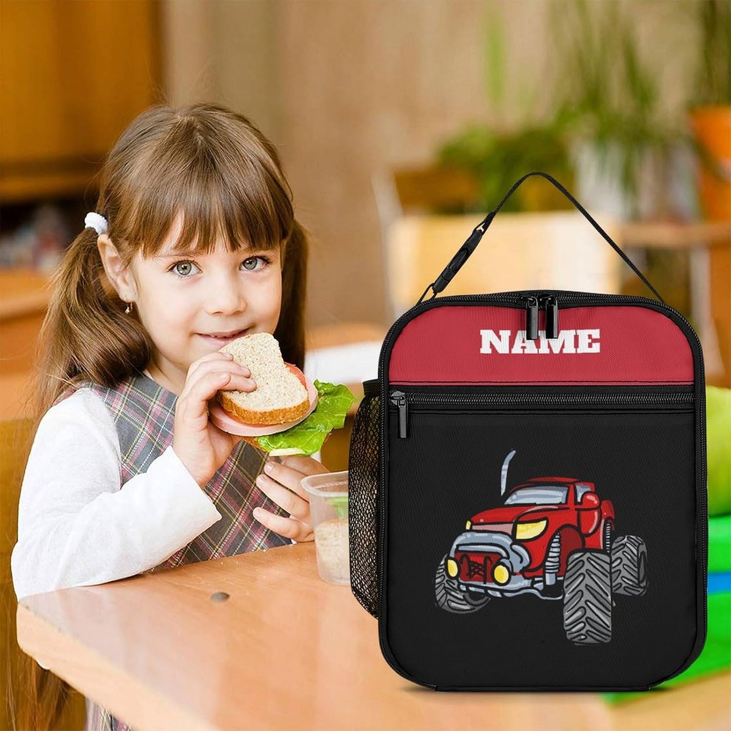 Custom 3 Pcs Cartoon Red Car Kids Backpack Set with Lunch Box Children Water Bottle Personalized Bookbag Add Name Customization School Bag for Kids Teenagers