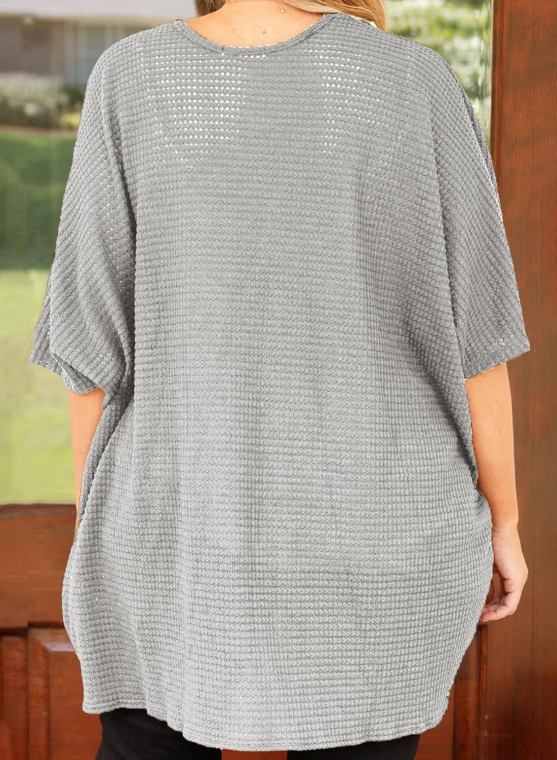 Eytino Womens Plus Size Cardigan Casual Short Sleeve Waffle Knit Kimono Open Front Tops(1X-5X) - Image 2