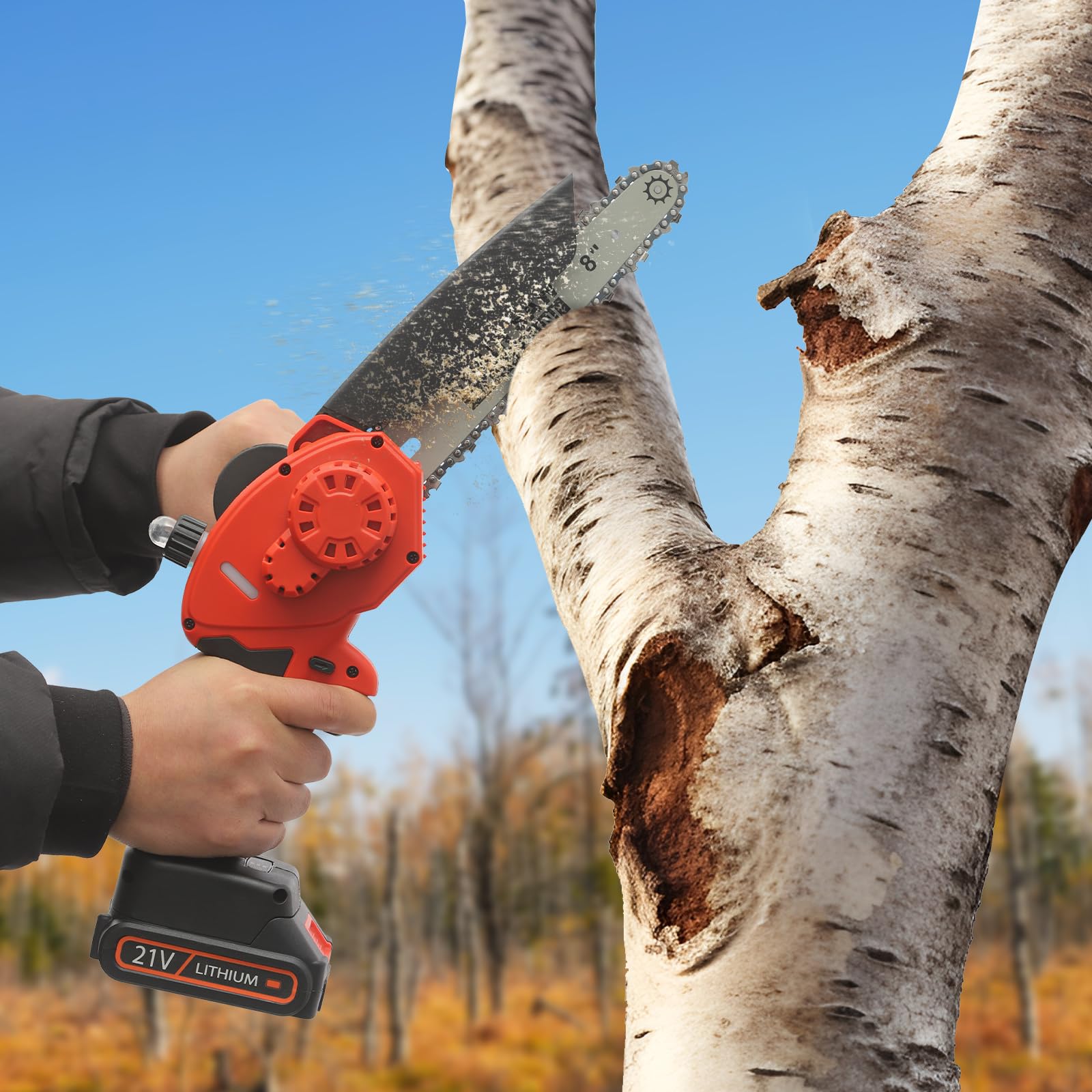 Mini tronçonneuse sans fil 800 W 12 V - Mini tronçonneuse avec poignée et batterie - Convient pour le jardinage, la coupe du bois et la coupe des arbres