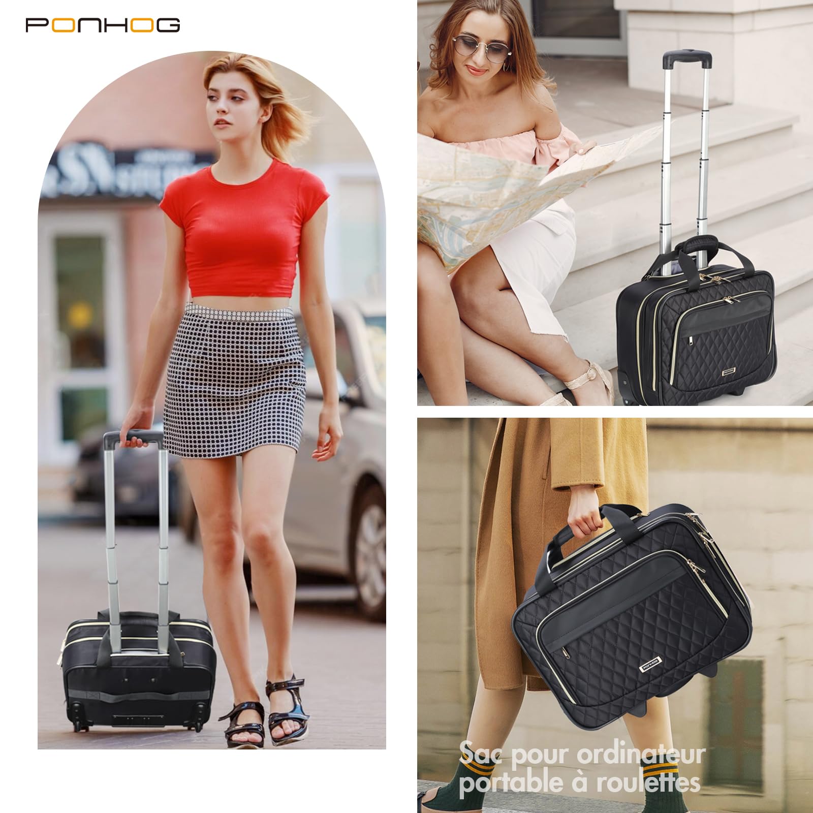 Ponhog Sacoche à roulettes pour Ordinateur Portable 15,6 Pouces, Business Trolley Sac de Voyage Femme Souple pour Affaires et Loisirs Les Voyages, Le Travail et l'école, Noire