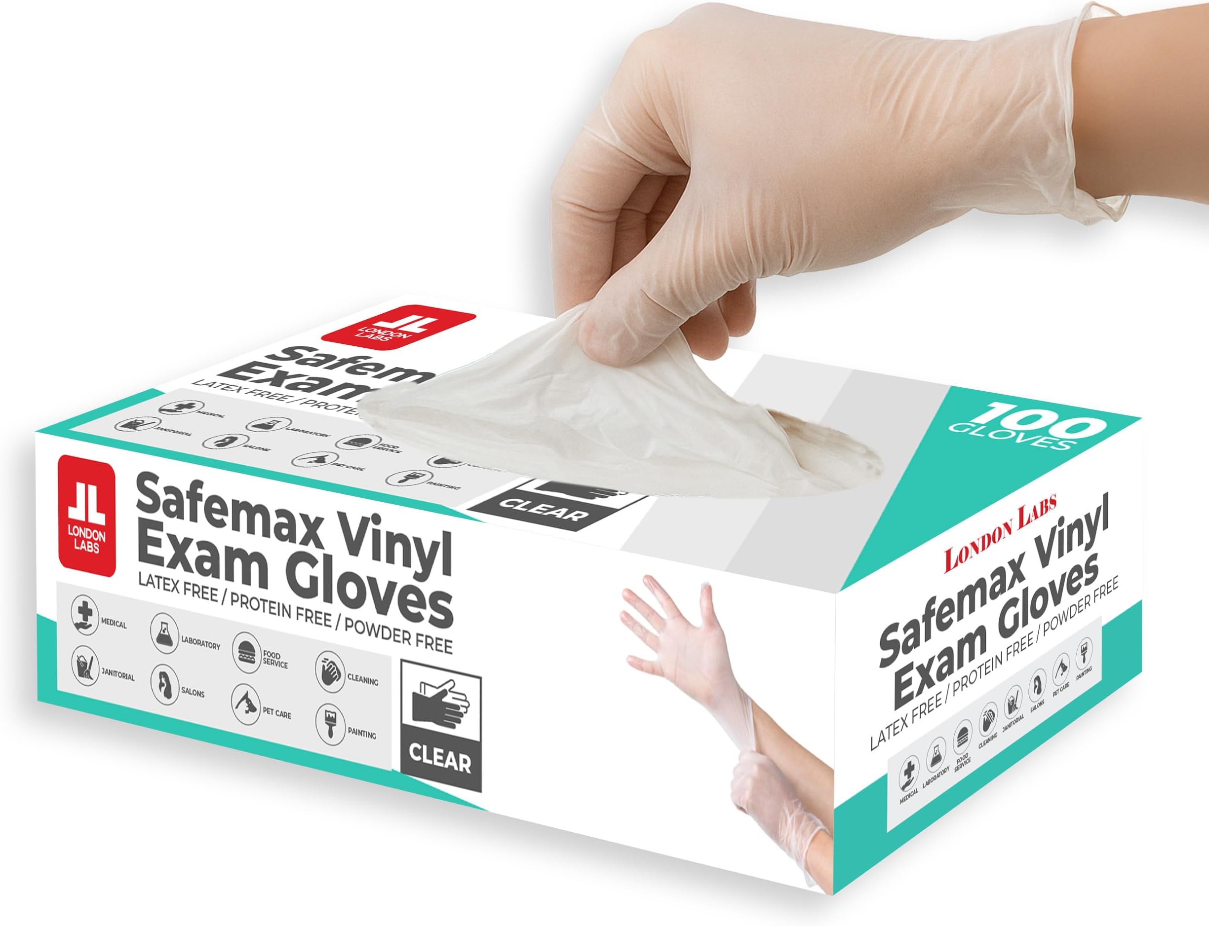 London Labs Medical Clear Vinyl Gloves Powder Free & Latex Free, Disposable, Food Safe