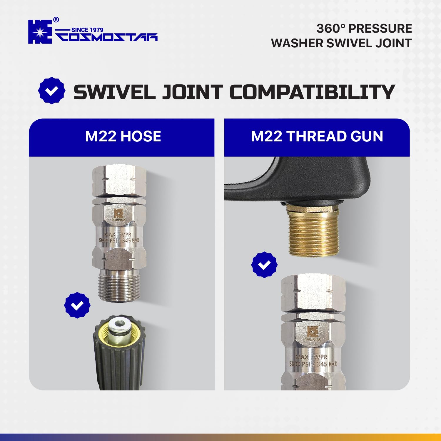 Cosmostar M22 - ID I4 mm (0.85 Inch) to M22 (0.85 Inch) Stainless Steel 360°Pressure Washer Swivel Joint, Fitting for Pressure Washer Guns & Hoses - 5000 PSI (Not for 3/8 NPT-M)