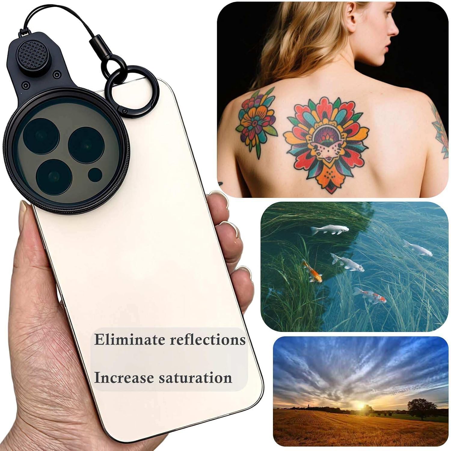 52mm CPL Polarizing Filter Clip-on Lens Kit for iPhone 17, 16, 15, 13, 12, Samsung and Android Phones, with Lens Cap, Filter Case, Cleaning Cloth