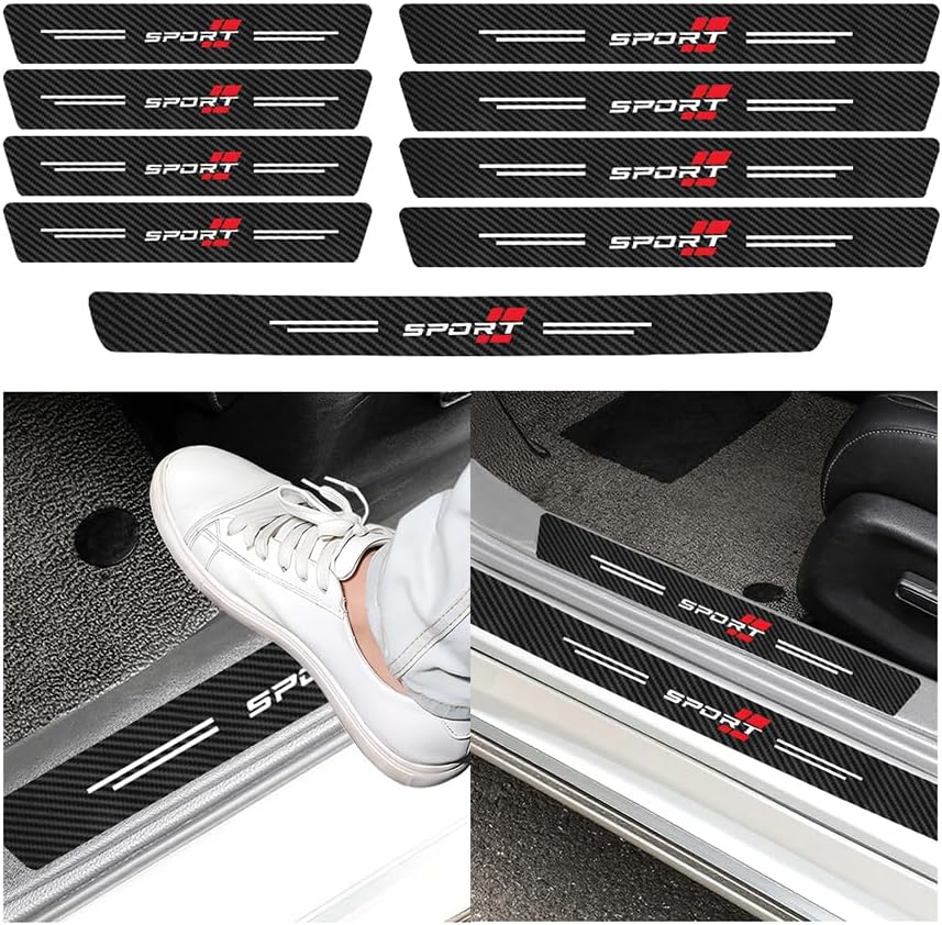 9PCS Car Door Sill Protector, Sport Anti-Scratch Carbon Fiber Front & Rear Door Entry Scratch Protection Trim, Automotive Entry Trunk Guard Strips, Universal for Vehicles (Red2)