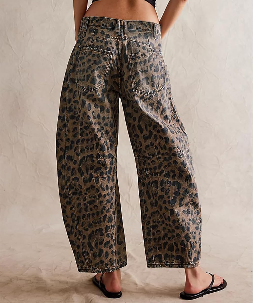 Mid Rise Leopard Print Barrel Jeans for Women Stylish Boyfriend Wide Leg Baggy Denim Pants Trendy Printed Pants - Image 4