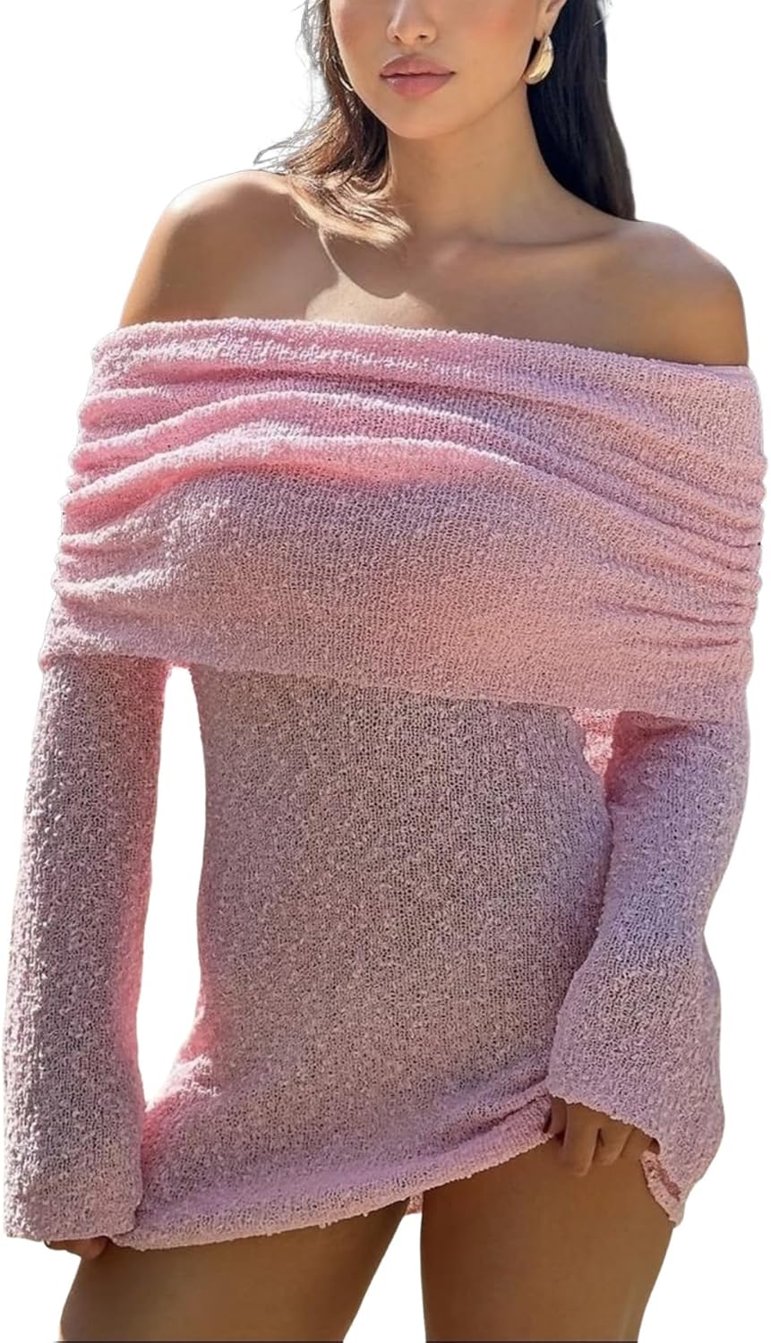 LETSVDO Women's Off Shoulder Mini Dress Bodycon Long Sleeve Knit Crochet Sexy Party Sweater Dresses