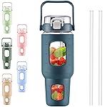 BLUEGO 40 oz Glass Water Bottles with Straw Time Marker, Glass Tumbler with Handle Top Lids, Easy to Clean, Fits in Car Cup Holder, Leakproof Jug for Gym, Sports, Workout & Daily, Dark Blue