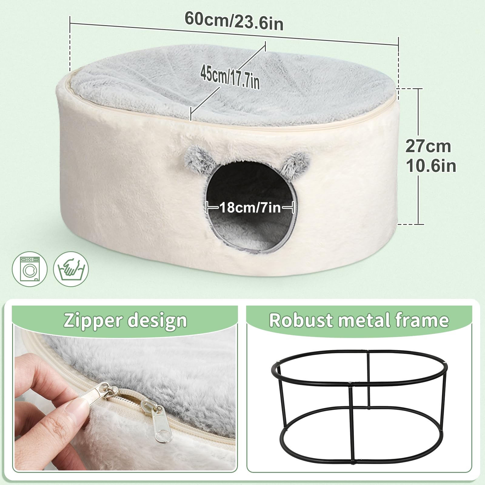 GUUSII HOME Elevated Cat Bed for Indoor Cats Enclosed Kitty House Large Raised Pet Hammock Rabbit Hideaway Cave Fluffy Puppy Kennel with Washable Cover Plush Cushion Easy Assembly 60 * 45 * 27cm - Image 4