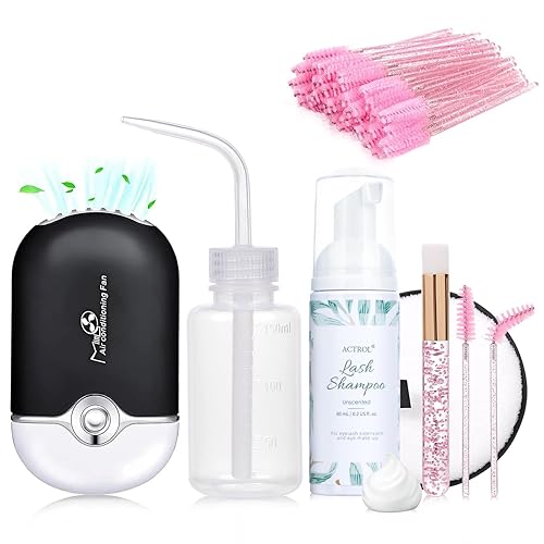 ACTROL Limpiador de extensiones de pestañas, 2.0 fl oz, sin perfume, champú para extensiones de pestañas con abanico de pestañas, color negro,