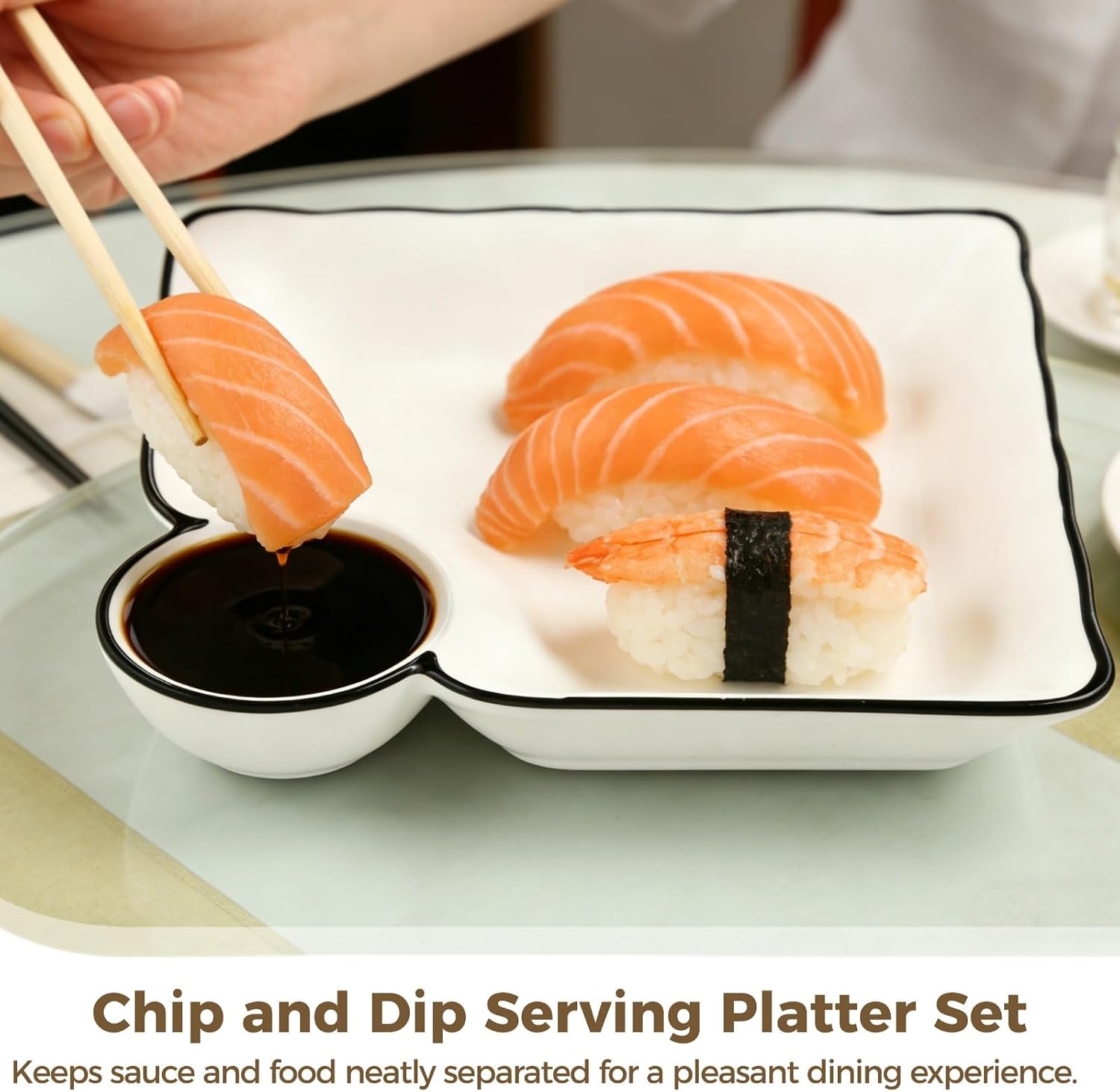 Chip and Dip Serving Platter Set, 4 Pcs Ceramic Divided Platters with Dip Compartment, White Square Appetizer Plates, Snack Serving Dishes for Fries, Sushi, Taco
