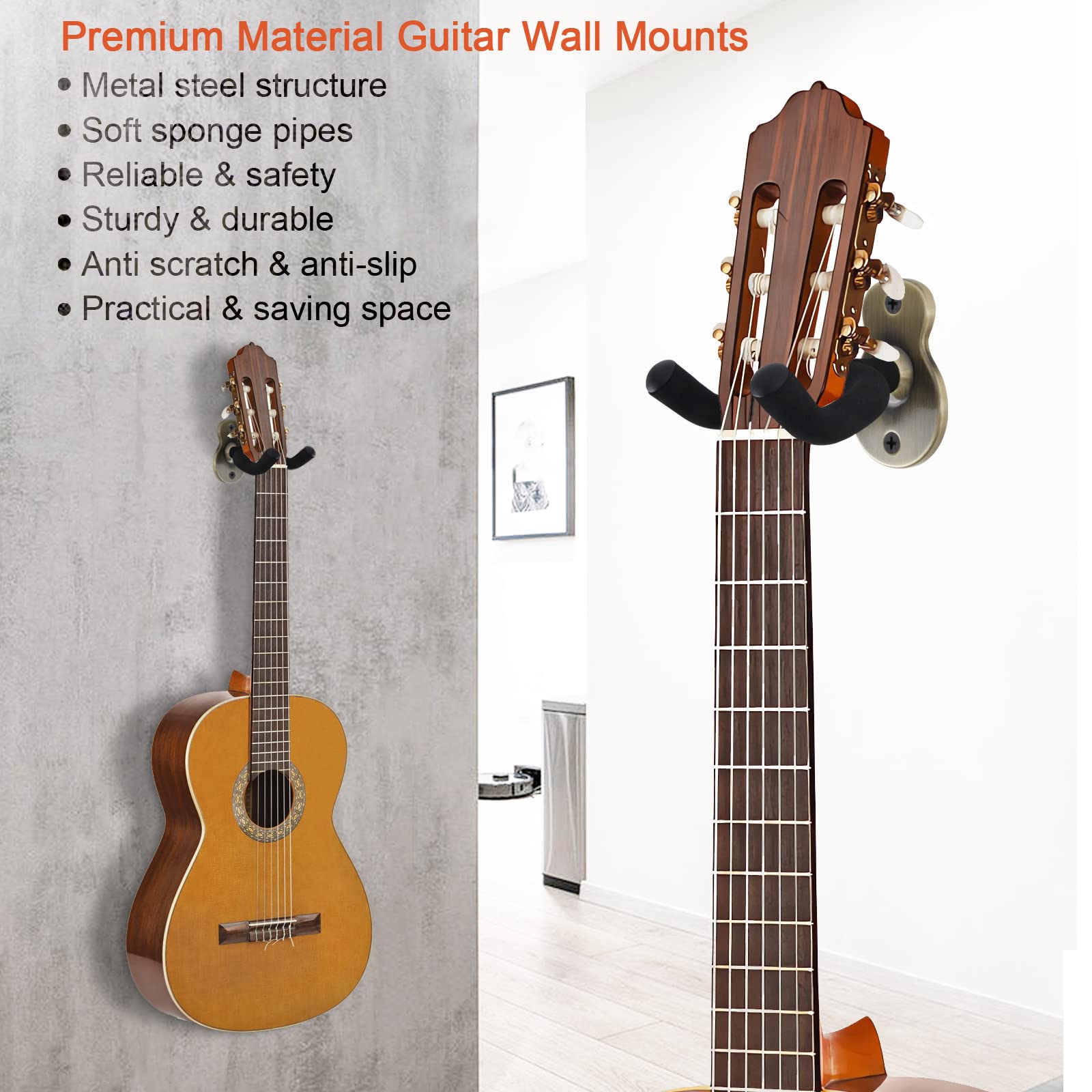 2 uchwyty metalowe ścienne na gitarę, ukulele i gitarę akustyczną, antypoślizgowy, z gąbkami, wieszak ścienny