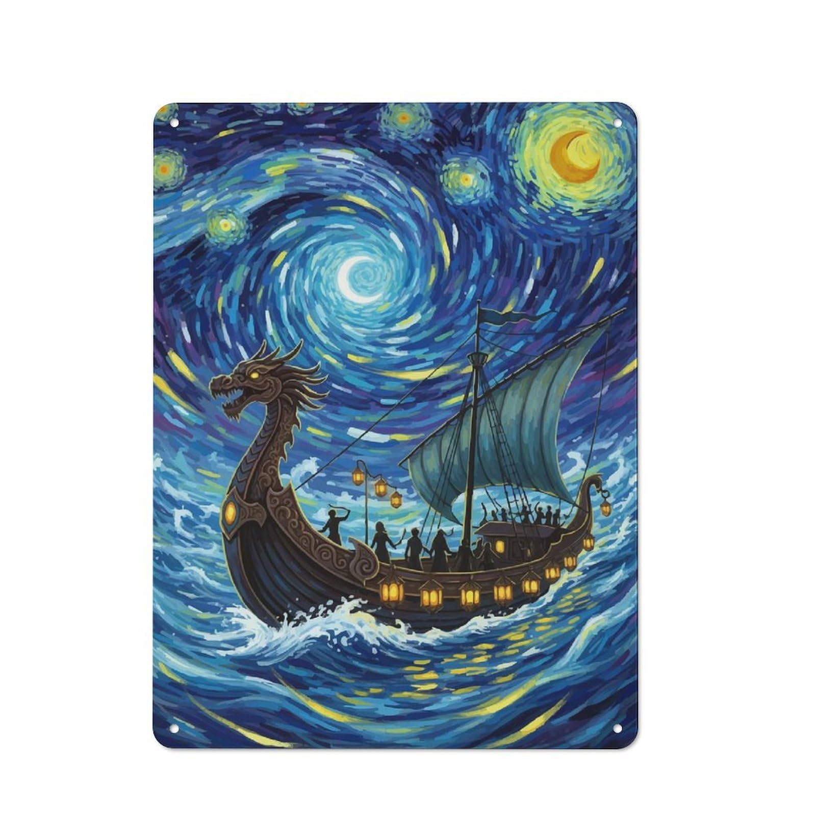 Junmoney Style-3 Dragon Ship Starry Night Rustic Metal Sign 40X30cm For Garden Room Or Summerhouse, For Themed Interiors In Garden Rooms And Summerhouses