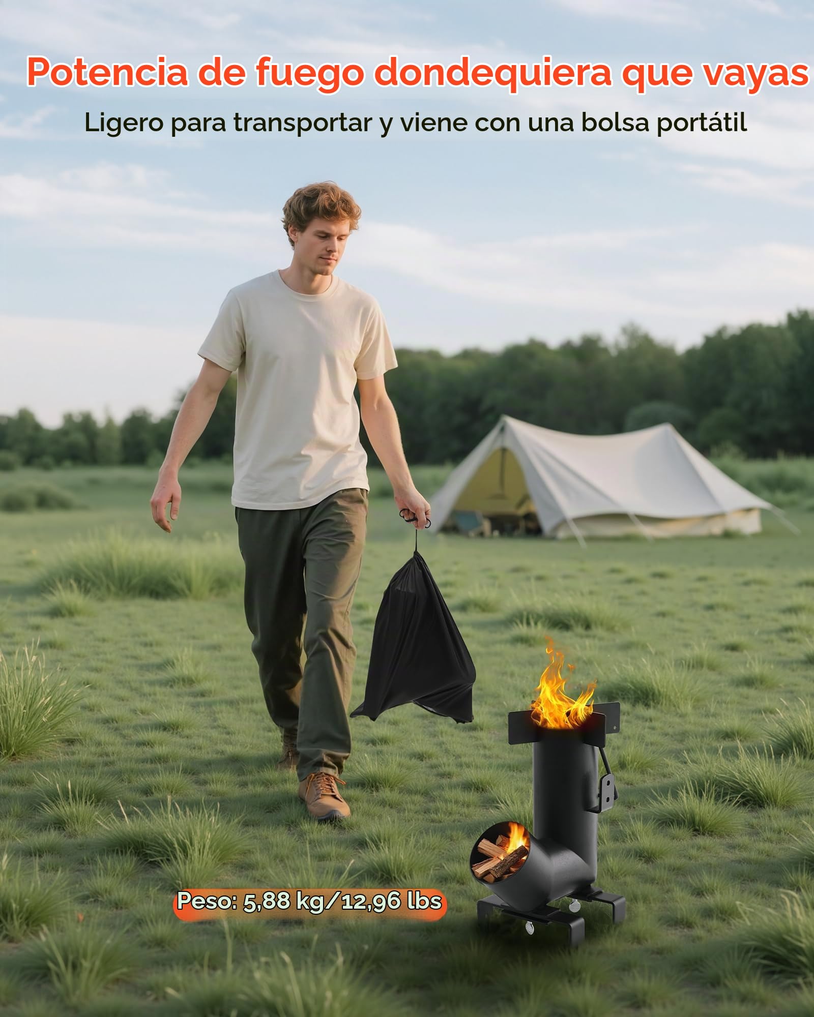 VEVOR Estufa Cohete para Acampar, Estufa Portátil de Leña de Acero al Carbono con Bolsa de Transporte, Asas Laterales, Resistente para Cocinar y Calentar al Aire Libre, Senderismo, Patio, Negro