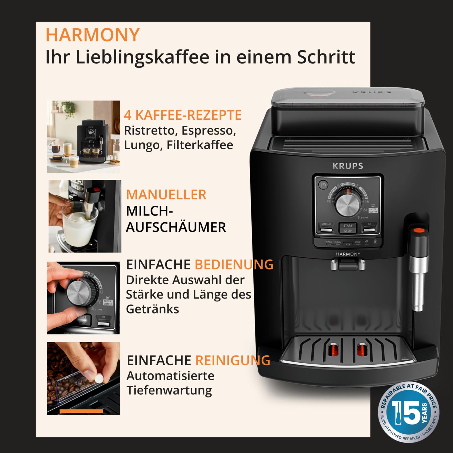 Krups Harmony Kaffeevollautomat mit Milchaufschäumdüse, 4 Kaffeespezialitäten, intuitive Bedienung, automatische Reinigung, kompaktes Design, Schwarz, EA5088E0