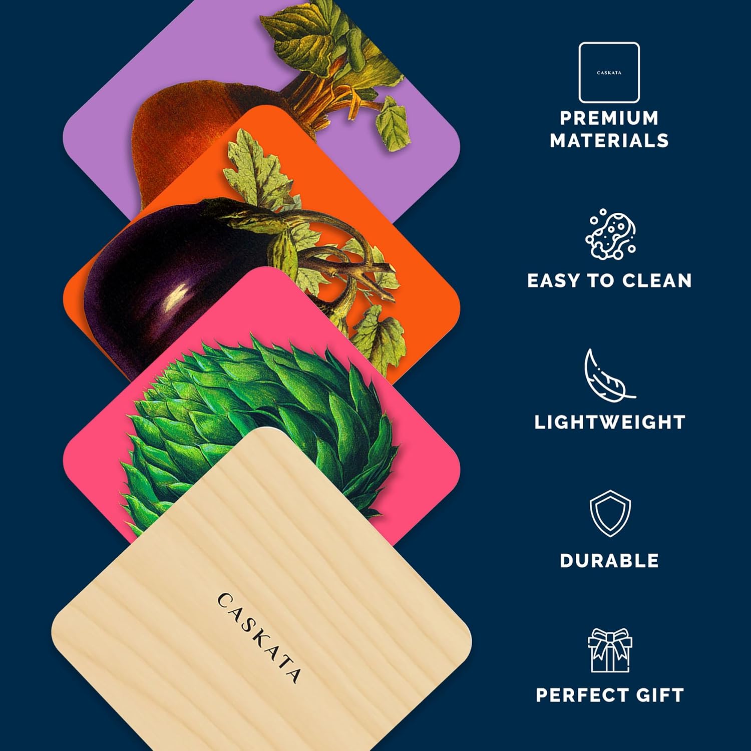 Caskata Veggies Birchwood Square Coasters, Boxed Set of 4 | Birchwood and Wipeable Melamine | Perfect for Home, Entertaining, Gifts | Blue and White, 4W X 4L