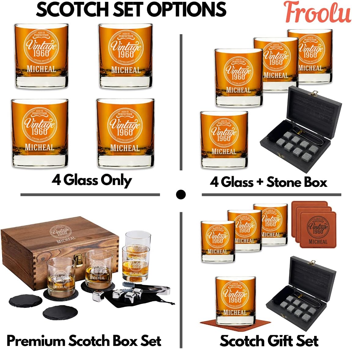 Personalized Vintage Scotch Whiskey Glasses - Customize Name & Year - 4 Premium Vintage Designs - Gift for Dad, Brother, Son, Husband - Great for Birthday, Anniversary, Christmas - Etched
