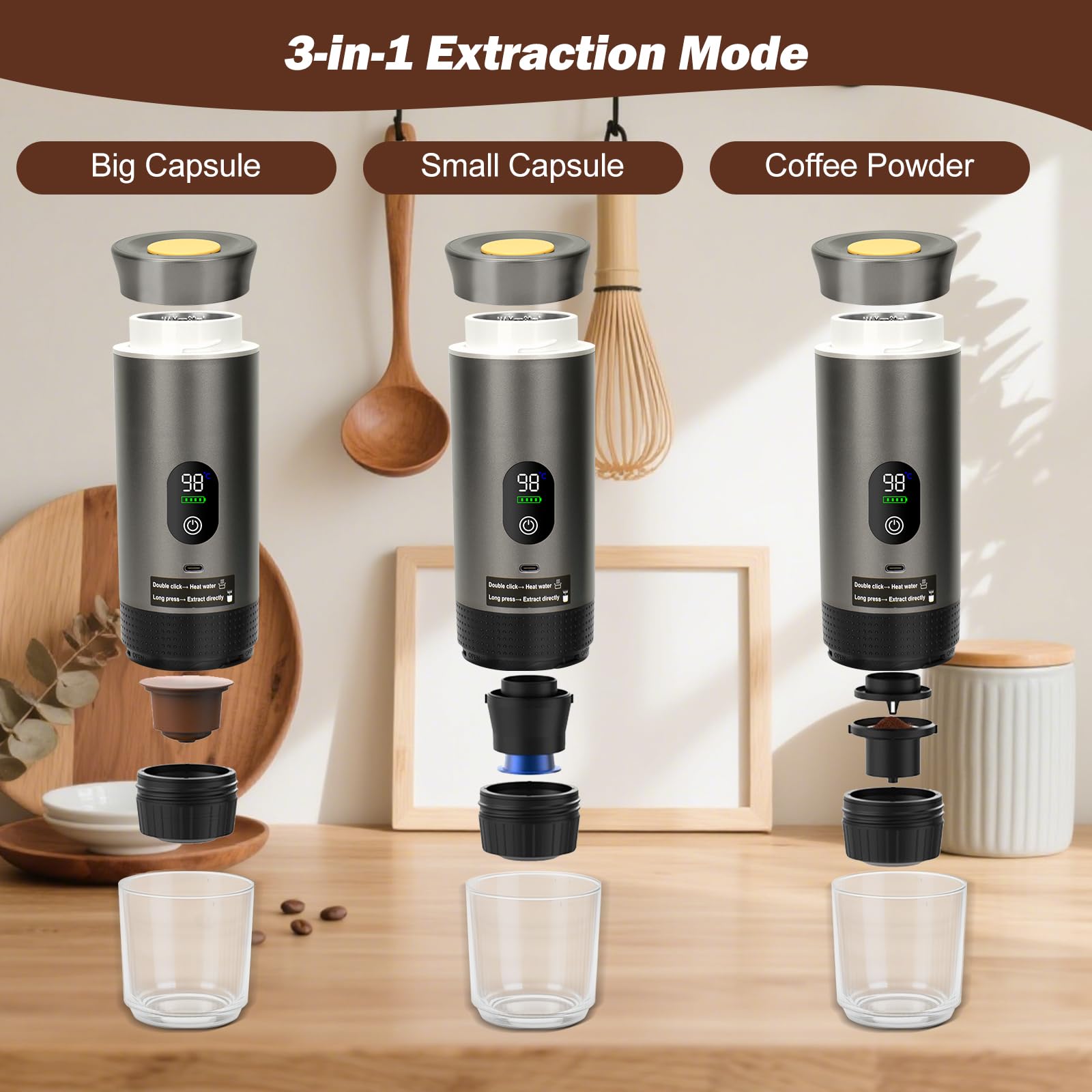 Macchina Da Caffè Portatile, Mini Macchina Da Caffè 3 In 1 Con Porta Usb, Compatibile Con Capsule E Caffè In Polvere, Ideale Per Il Campeggio, L'Ufficio E Le Escursioni