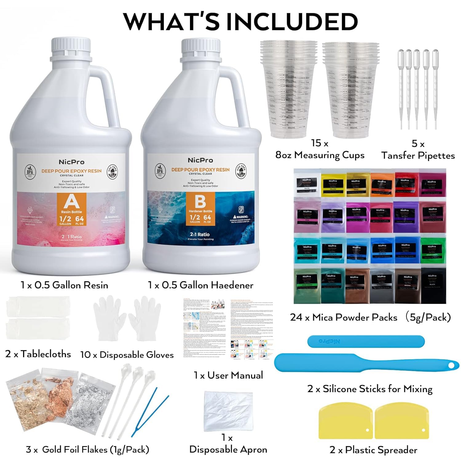 Nicpro Kit de resina epoxi transparente de 1 galón/4,54 L, suministros de resina de fundición y revestimiento para manualidades, fabricación de joyas, barra superior con 24 polvo de mica, copos de
