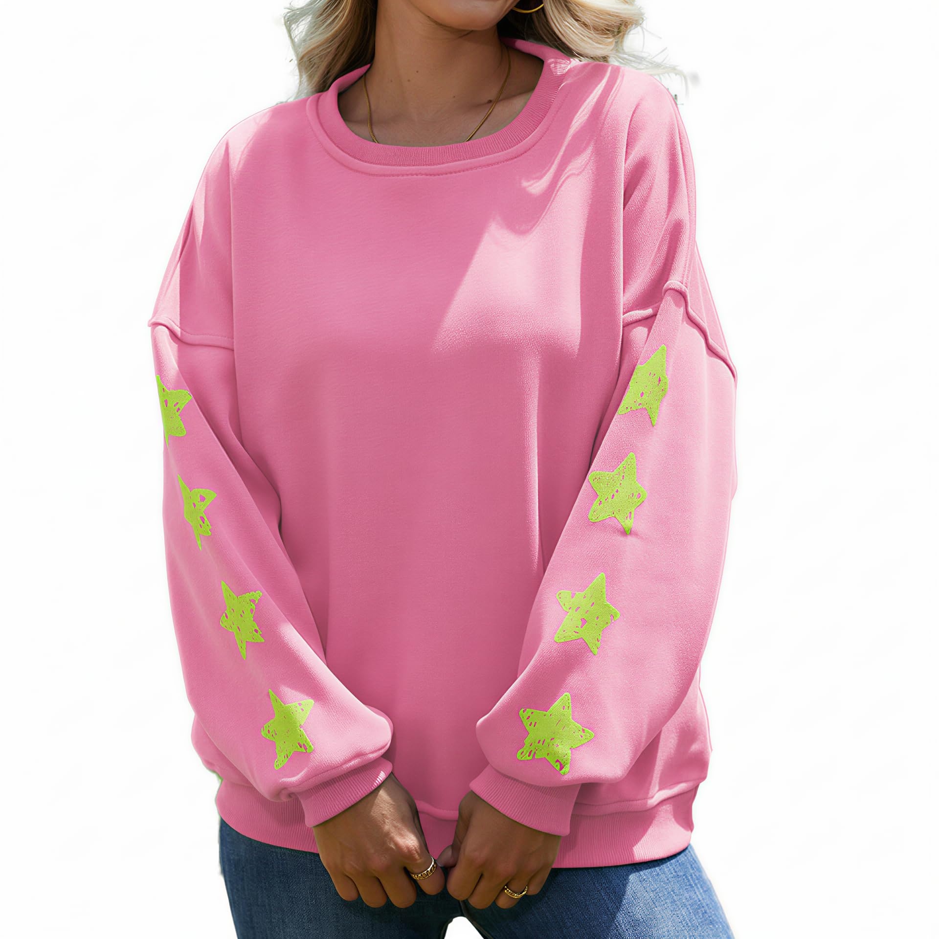 Women's Oversized Crewneck Sweatshirt, Thickened with Fleece, Star Sleeves, Long Sleeve Pullover Top-picture-28