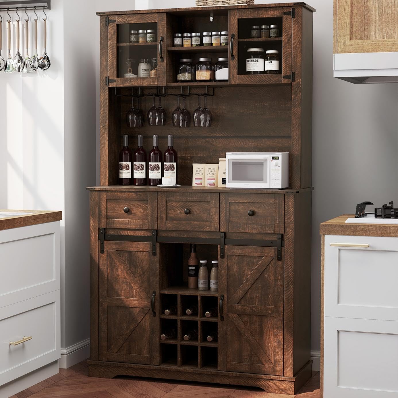 Giantex 72" Farmhouse Coffee Bar Cabinet w/Glass Doors & Wine Racks, Tall Pantry Cabinet w/ 3 Drawers & 2 Sliding Barn Doors, Hutch Cabinet Buffet Sideboard Cupboard for Kitchen, Dining Room, Brown
