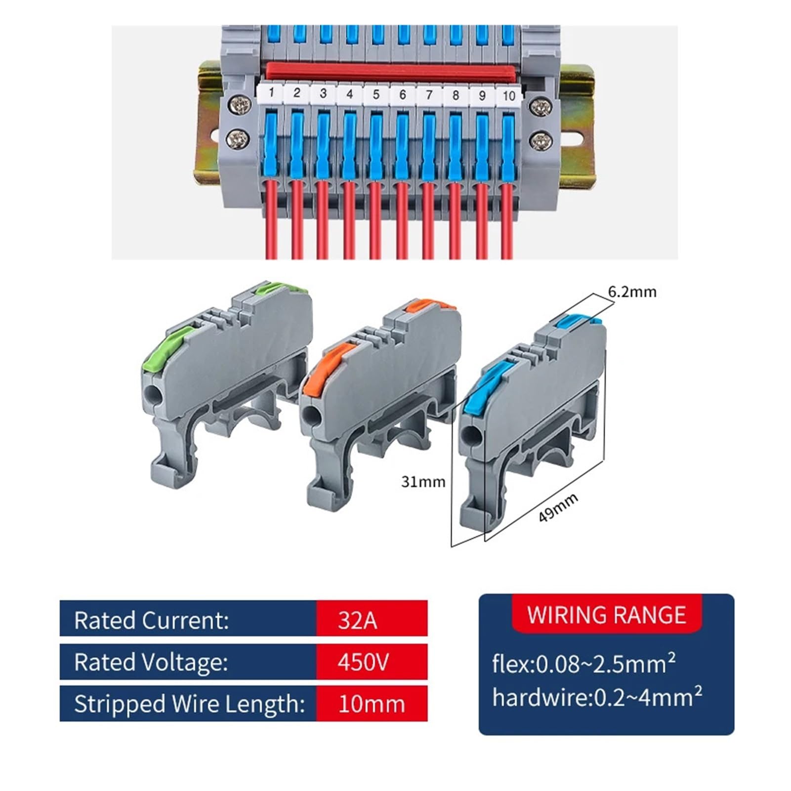 Morsettiera for guida DIN CMK420, connessione rapida 32 A 420 V(CMK420 Orange 50Pcs)