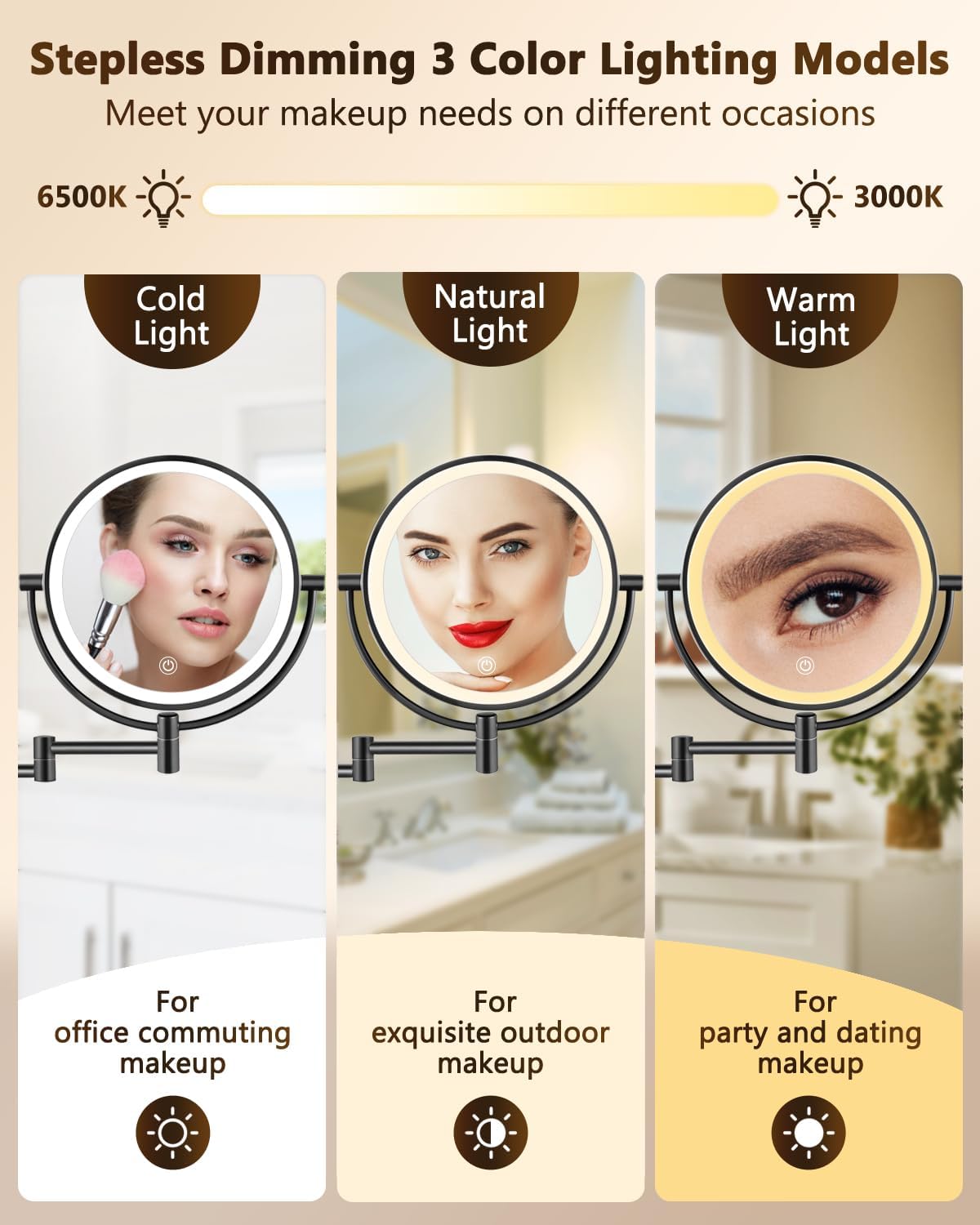 ALHAKIN 9 Wall Mounted Lighted Makeup Mirror, Large Double Sided 1X/10X Magnifying Mirror, 3 Color LED Vanity Mirror with Lights, Touch Dimmable 360° Swivel Light Up for Bathroom, Black