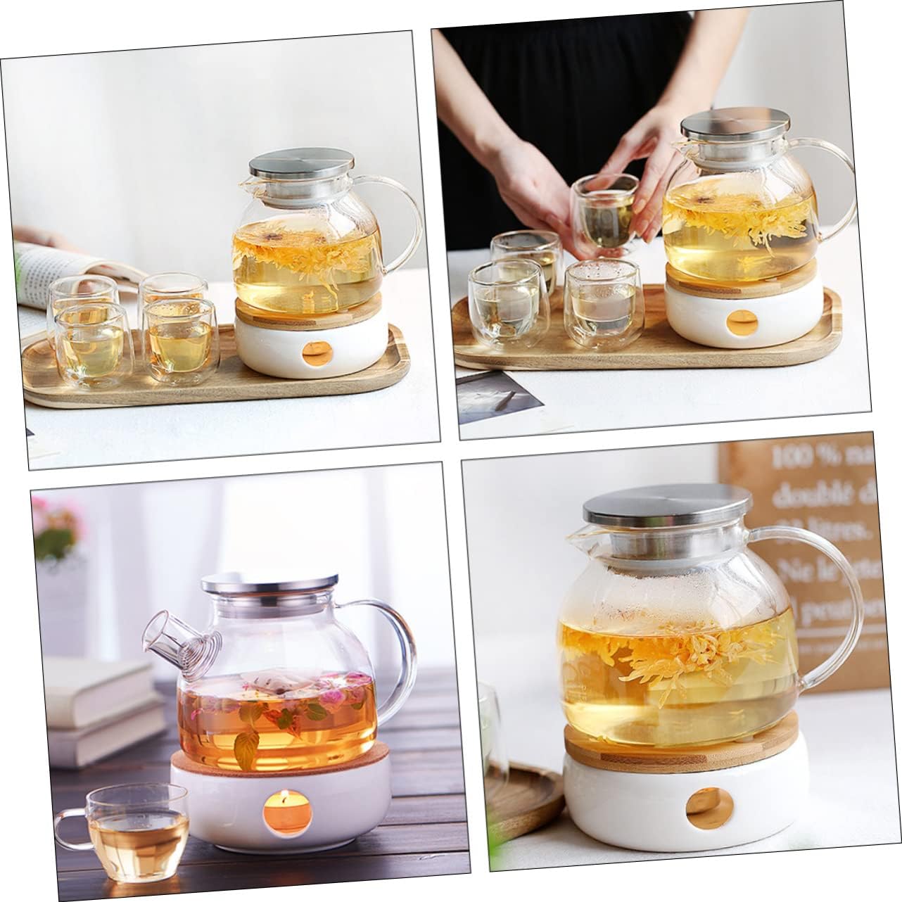 Glass Teapot with Bamboo Lid 2-Piece Large Capacity Herbal Tea Pot High-Temperature Resistant for Loose Leaf Tea and Infusions