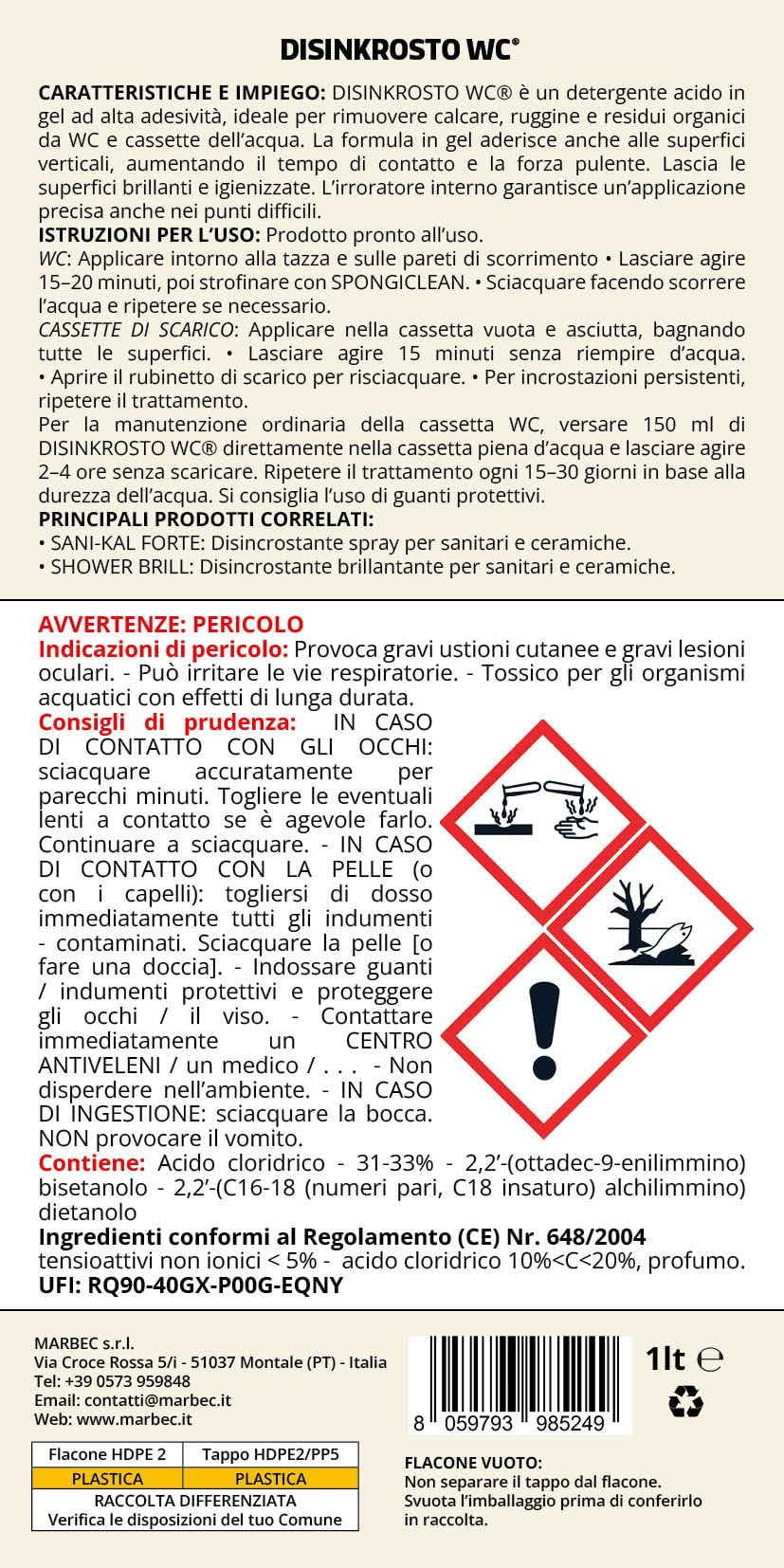 MARBEC DISINKROSTO WC 1LT Disincrostante forte per wc, elimina incrostazioni di calcare e ruggine. Perfetto per wc, cassette e sanitari, garantisce una pulizia profonda ed efficace.