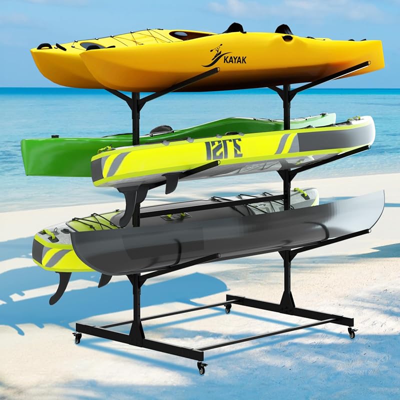 Freestanding Kayak Storage Rack w/Wheel,Adjustable Kayak Stand for Boat Dock,Garage,Indoor & Outdoor Canoe and Kayaks Holder,Water Sport Watercraft Storage Rack for SUP,Surfboard