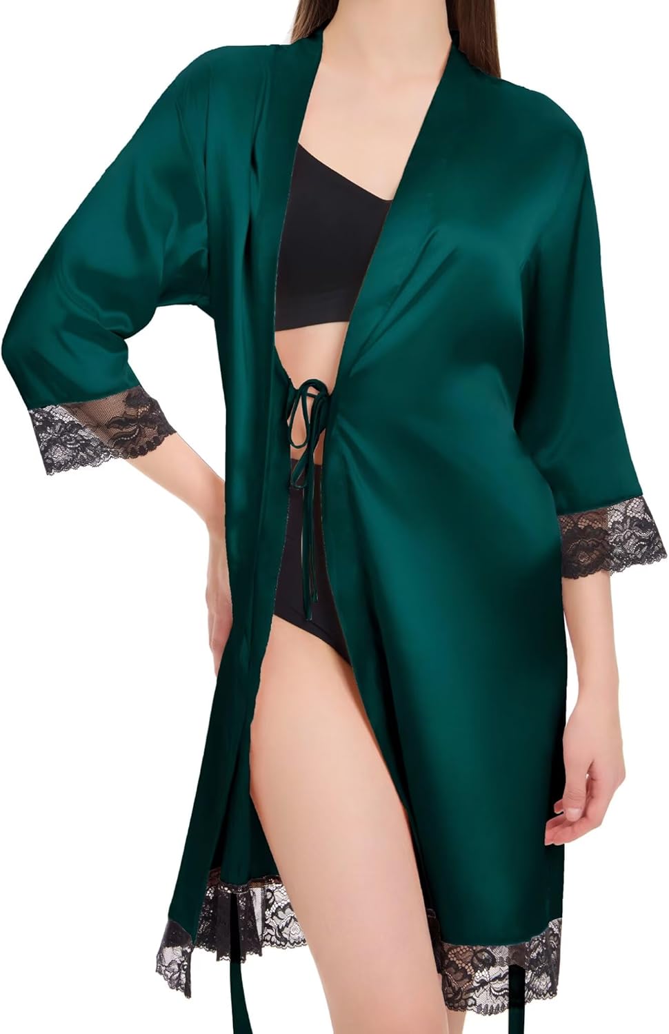 Silk Satin Robes for Women Short Kimono Sexy Lace Trim Satin Bathrobes V Neck 3/4 Sleeve Bride Bathrobe - Image 3