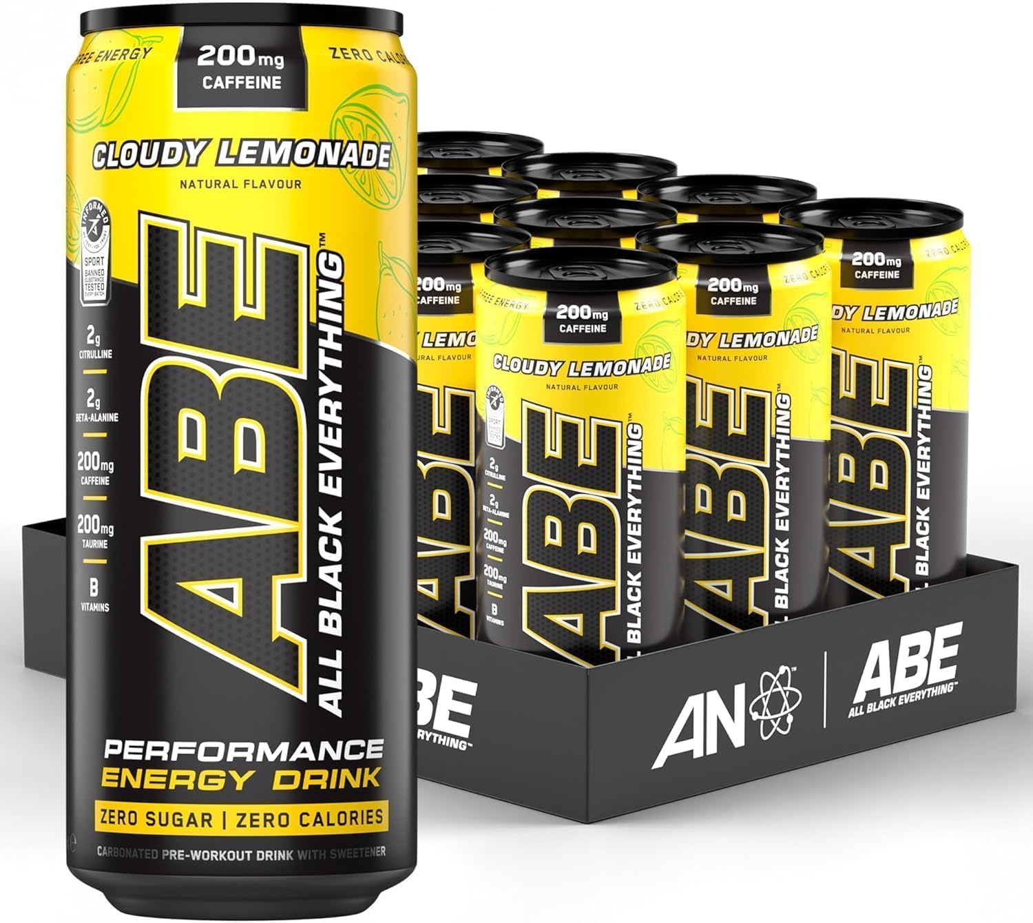 ABE Pre Workout Cans - All Black Everything Energy + Performance Drink, ABE Carbonated Beverage Sugar Free with Caffeine (Pack of 12 Cans x 330ml) (Cloudy Lemonade)