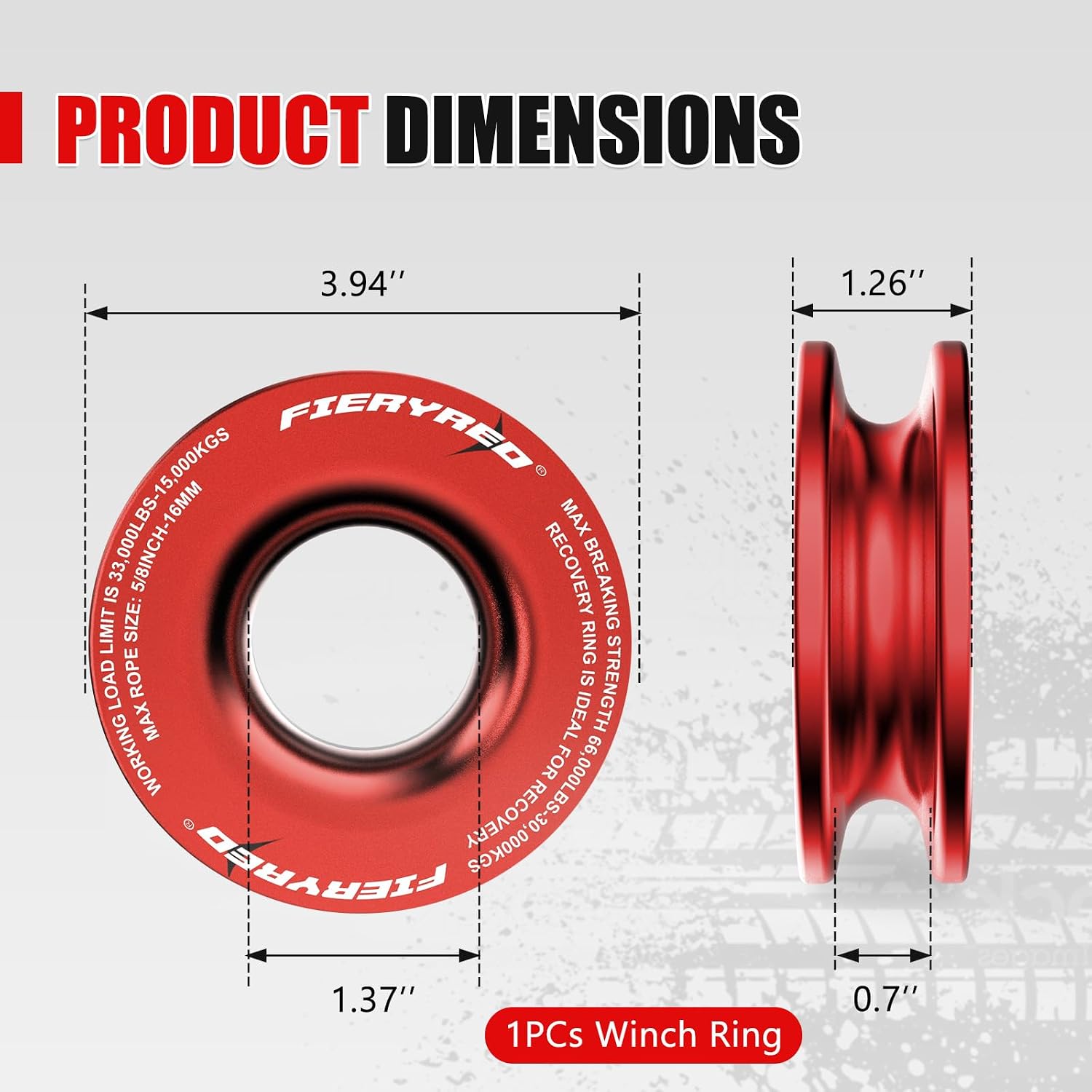 FIERYRED Recovery Ring 66000 LBS Winch Snatch Towing Ring, Fits for Synthetic Winch Rope & Soft Shackle, Aluminum U-Groove Offroad Recovery Universal for Truck ATV UTV, Red