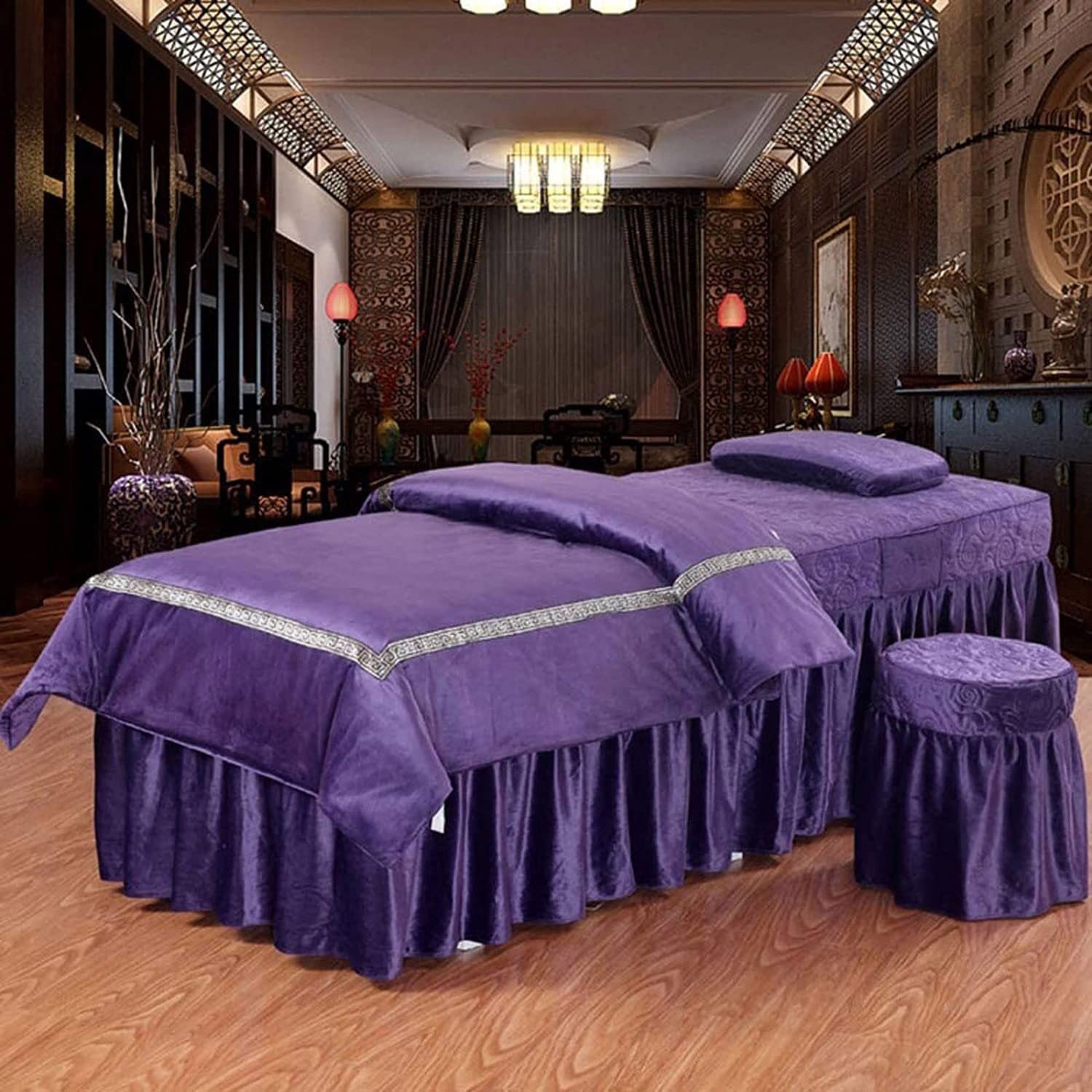 Juego de lino de masaje morado 70x185 con falda de mesa de masaje y juego de asiento franela