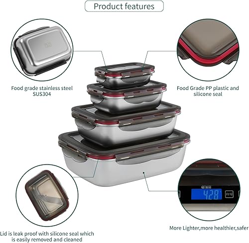 Miniatura 2 de Recipiente de almacenamiento de alimentos de acero inoxidable con tapas, a prueba de fugas y hermético para cocina, lonchera de preparación de