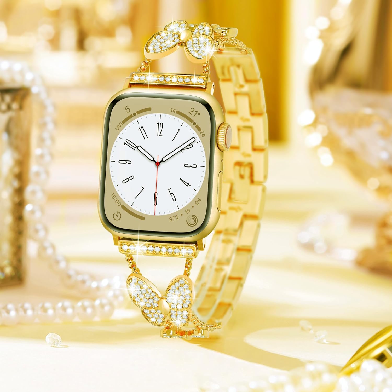 Butterfly Band Compatible with Apple Watch Bands 46mm 45mm 44mm 49 42mm(S3) iWatch SE Series 10 9 8 7 6 5 4 3 Ultra, Slim Cute Metal Bands for Women, Fancy Bling Dressy Diamond Strap-Gold - Image 5