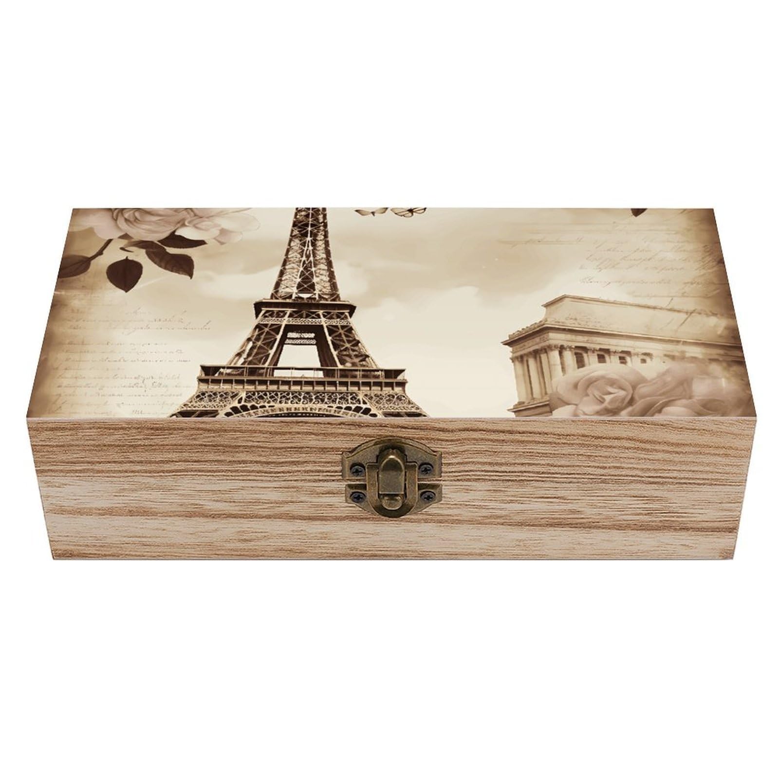 Wooden Storage Box Vintage Paris Eiffel Tower Butterfly Wood Gift Box with Hinged Lid Vintage Decorative Jewelry Boxes Memory Box for Jewelry Art Hobbies Home Storage Treasure Keepsake Gift 7.9''x3.9'