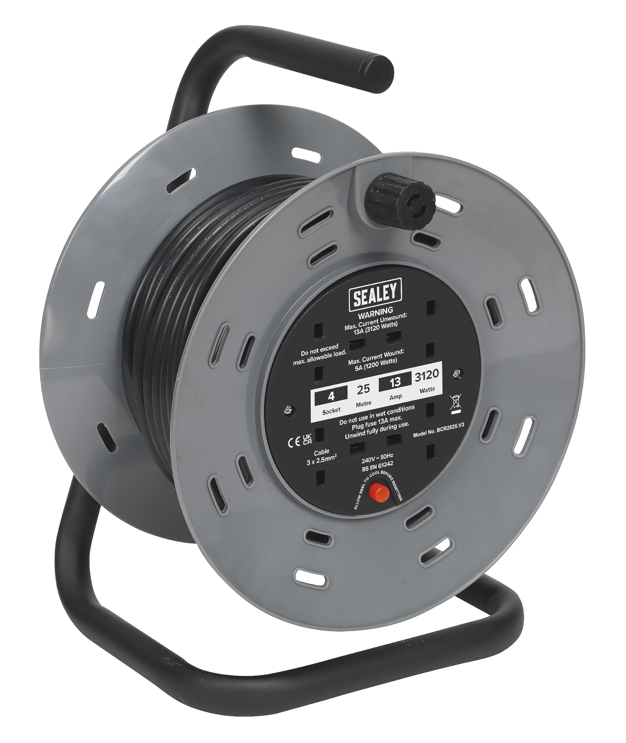 Rouleau à câble 25m 230V avec 2 prises Sealey BCR2525 robuste