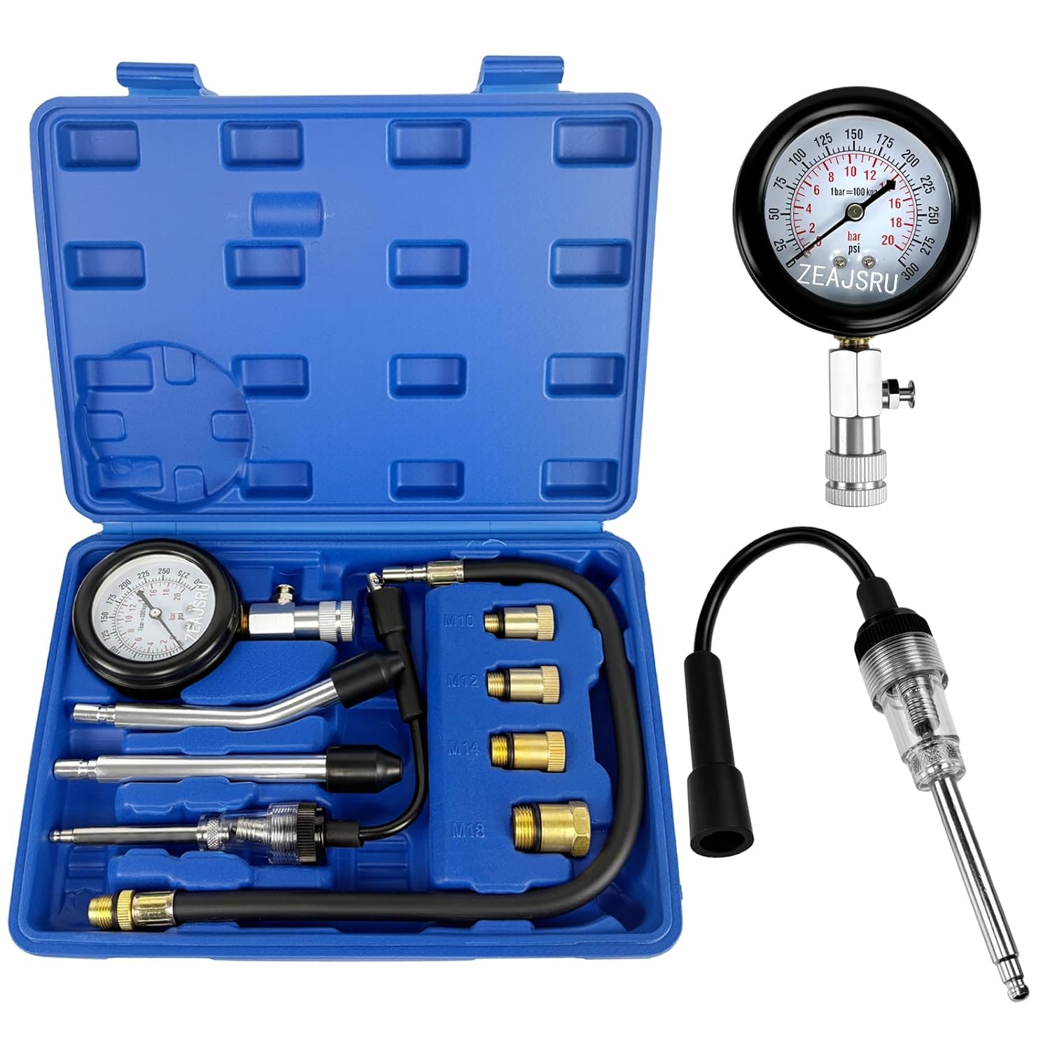 Compression Tester with Spark Plug Tester, Automotive Engine Compression Tester Kit for Car and Motorcycle, 300 PSI Cylinder Pressure Gauge with Adapters