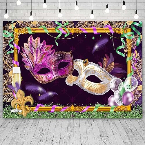 Miniatura 2 de Telones de fondo de Mardi Gras de 7 x 5 pies para fotografía, decoraciones de fiesta de máscaras, máscaras moradas y blancas, fondo de fotografía de