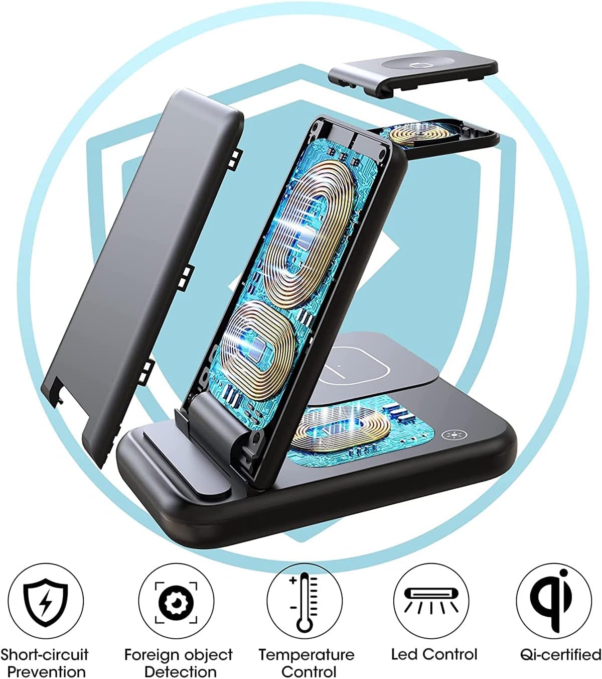 Foldable 3 in 1 Wireless Charger for Apple, Wireless Charging Station for iPhone 13/12/11/X/XR/XS/8, Apple Watch 7/6/SE/5/4/3/2/1, Airpods 2/Pro, Qi-Certified Wireless Charging Stand with 18W Adapter