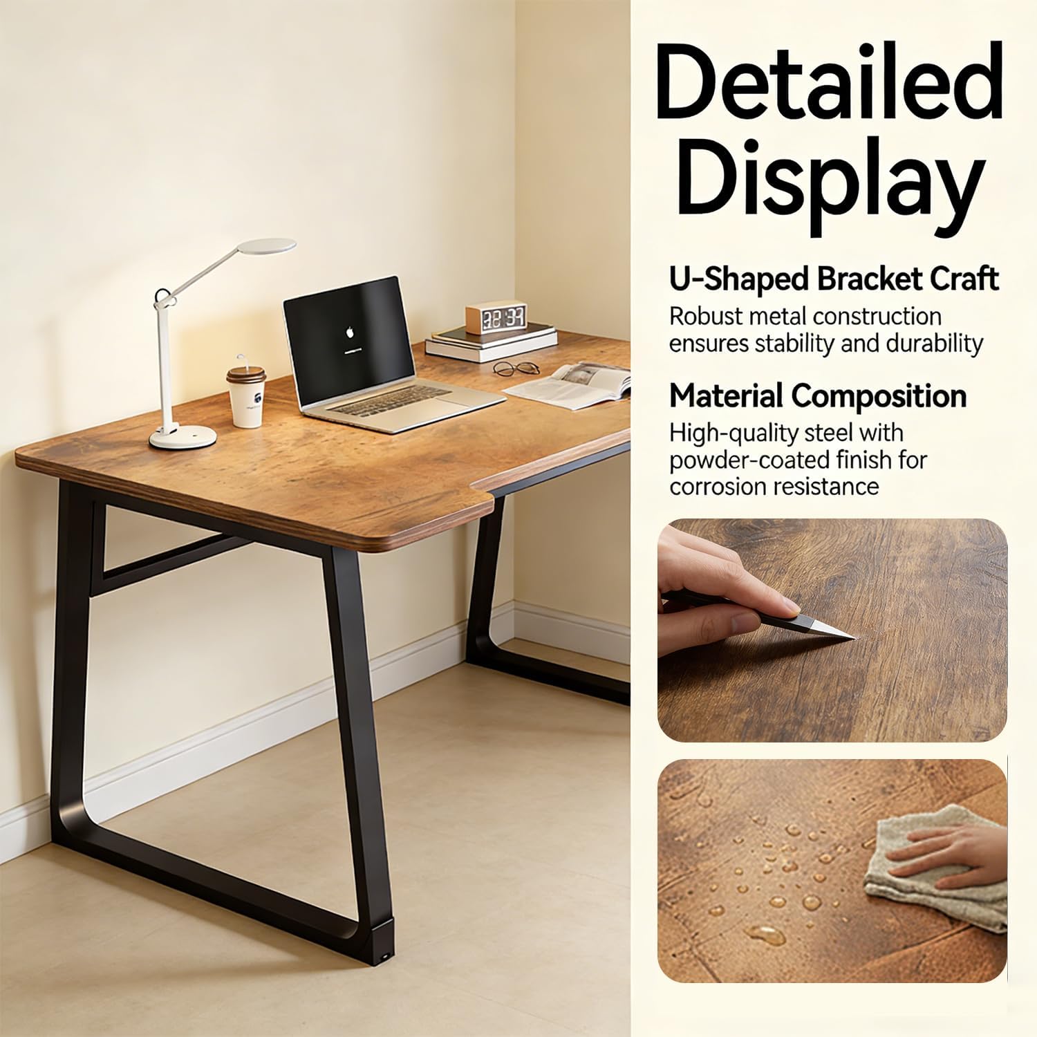 Computer Desk 39.4 Inch Small Office Desk with Wood Top and Metal Frame, Study Writing Desk for Home, Bedroom, Gaming, U-Shaped Leg Design, Modern Simple - Image 4
