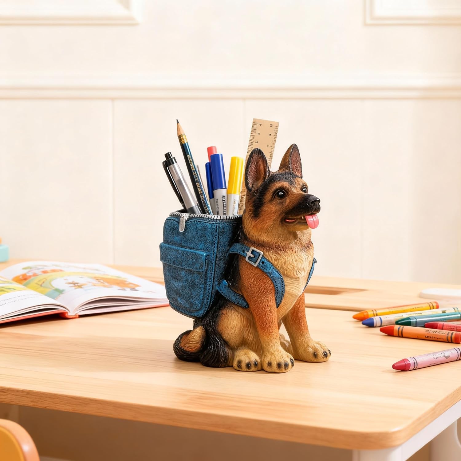 German Shepherd Pen Holder, Office Desk Organizer, Pencil Holder with Backpack, Decorative Resin Dog Statue, Pen Storage for Office, School, Home, Ideal Gift for Dog Lovers (A) - Image 7