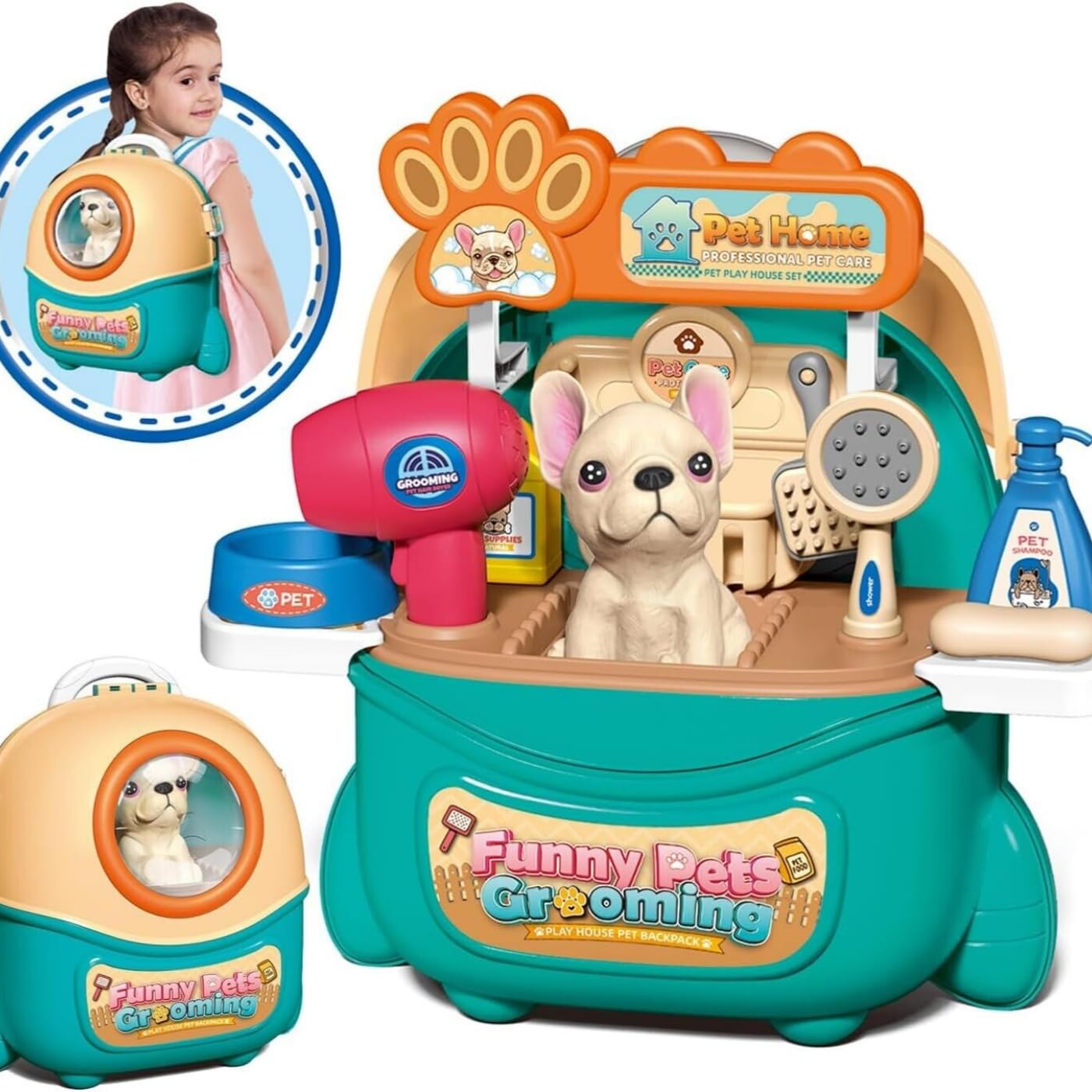 Jeu d'Imitation Vétérinaire pour Enfants 16 Pièces - Soins Animaliers, Toilettage Chien et Sac à Dos Transporteur - Idéal Cadeau