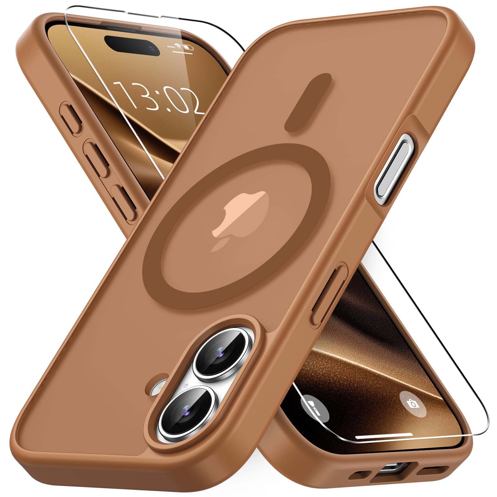 Vansdon Cover Magnetica per iPhone 16 con 1 Pezzi Vetro Temperato, Compatibile con Magsafe, Protezione anticaduta di livello militare, Custodia Traslucida Opaca Sottile Antiurto-Marrone caffè