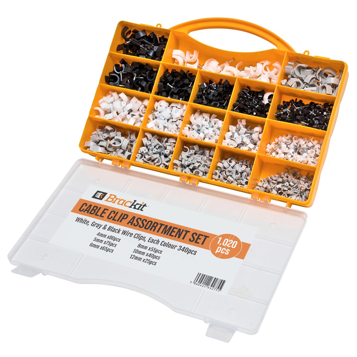 Brackit 1,020-piece Nail Cable Clip Assortment Set 6 Sizes 3 Colors Cable Clips Black, White & Grey for Indoor/Outdoor Use – Wire Clips for Cables, Cable Management Clips, Cable Nail Clips with Case